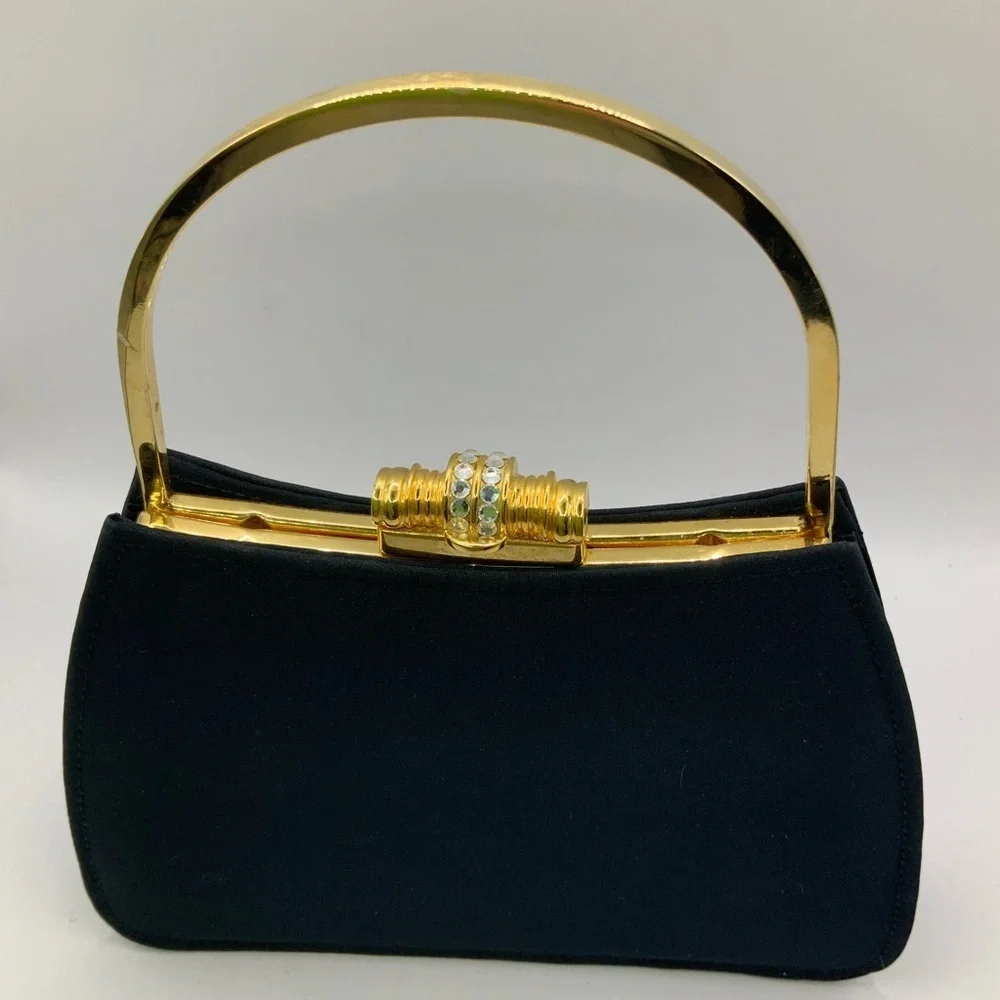 Y&S Vintage Elegant Black Satin Gold Accents Crystal Embellished Clasp Handbag